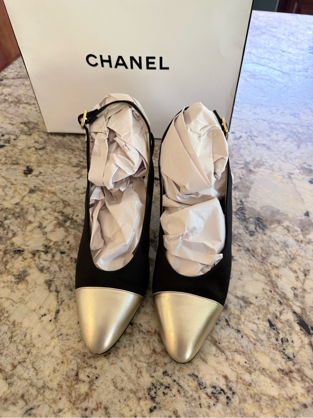 Chanel Black And Gold Pointed Toe Slingback Heels